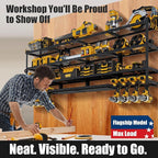 XLarge 64''W Power Tool Organizer Wall Mount | Modular&Corner-Fit 820lbs Garage Storage Rack with 8 Cordless Drill Holder | 4-Tier Heavy Duty Utility Shelf for Battery Workshop Organization