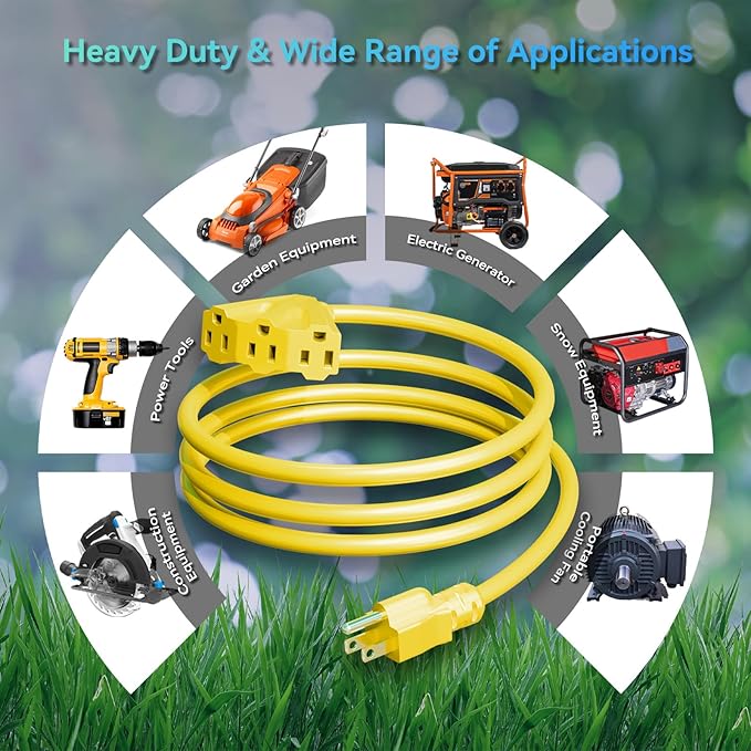 K KASONIC - 10 Ft Extension Cord with 3 Outlets, UL Listed 16/3 SJTW 3-Wire Grounded, 13A 125V 1625W for Indoor/Outdoor Use -Yellow