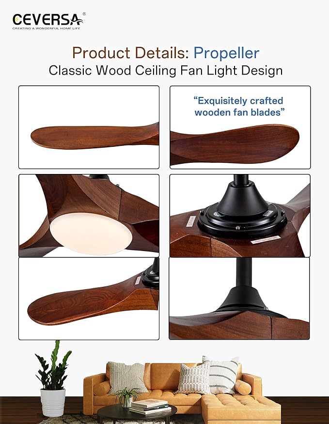 42 Inch Ceiling Fans with Lights and Remote, 3 Blades Outdoor Wood Propeller Ceiling Fans, Dimmable Quiet Noiseless DC Motor for Farmhouse, Living Room, Bedroom, Indoor, Walnut