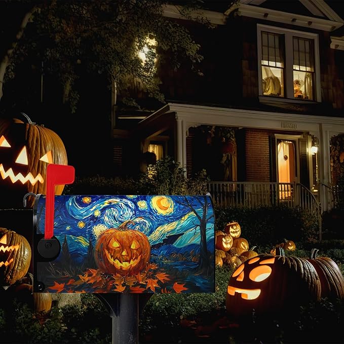 Halloween Pumpkin Magnetic Mailbox Cover Large Size 25.5 x 21 Van Gogh's Starry Night Mailbox Wraps Cover Oil Painting Decorations Post Box Cover for Garden Yard Outdoor Decor