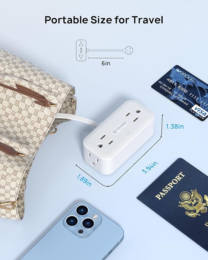 TROND Outlet Extender with 6 Inch Cord, Flat Plug Adapter with 4 Electrical Sockets, 900J Surge Protector, Wall Mountable, Multi Plug Wall Outlet for Home Office Travel Dorm Room Essentials, White