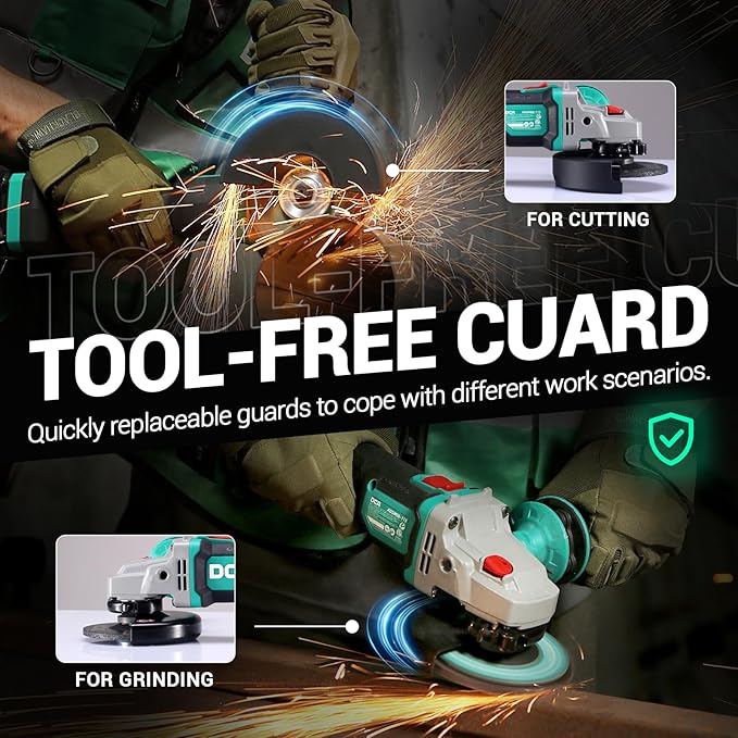 DCA Cordless Angle Grinder 4-1/2 inch, 20V Brushless Motor 8500RPM, Battery Grinder Tool-Free Guard, 4.0Ah Battery & Charger, Power Electric Cut Off Tool with 6 Discs for Cutting, Grinding, Polishing