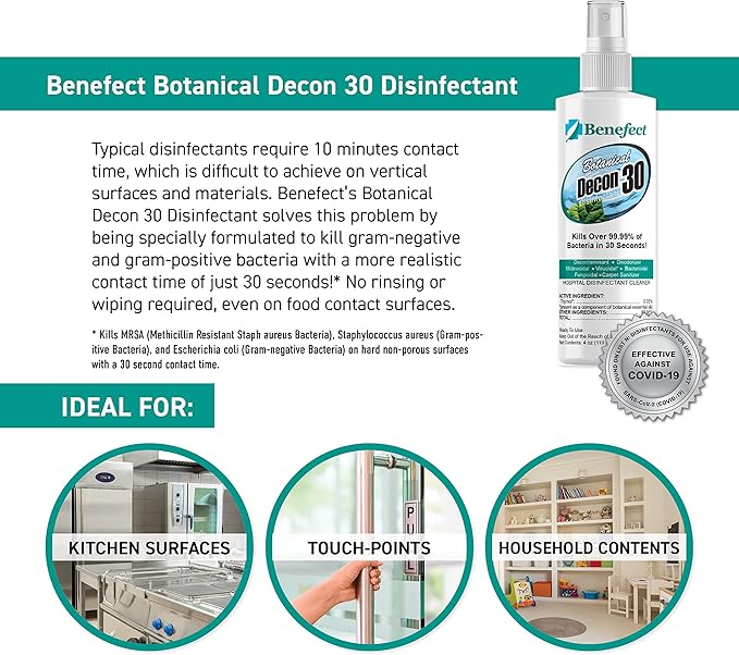 Benefect Botanical Decon 30 Disinfectant Cleaner, 4 oz. Spray Bottle, Light Lemon & Thyme Scent, Hospital Grade Disinfectant, Kills Over 99.99% of Germs, Safe for Food-Contact Surfaces