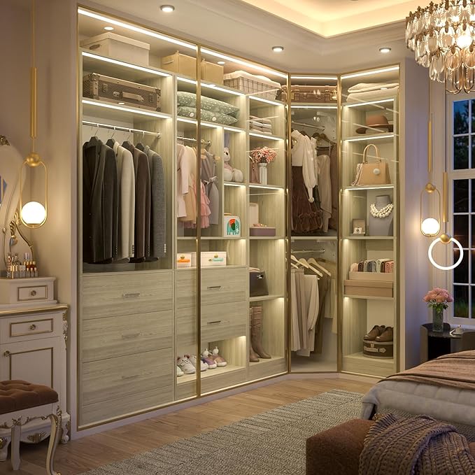 Corner Closet System with 5 Drawers, Closet Organizer System with 15+Shelvess & 4 Hanging Rods, 63.2"L * 63.2"W / 87.2"L * 39.2"W Reversible L Shaped Walk-in Closets, Load 2500+LBS, White Oak