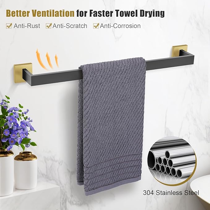 TURS 10-Piece Bathroom Hardware Accessories Set Black&Gold Towel Bar Holder Set SUS304 Stainless Steel Towel Racks for Bathroom Wall Mounted, 23.6-Inch