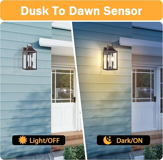 15" Dusk to Dawn Outdoor Wall Lantern 2-Light, Outside Modern Wall Sconce Light Fixture, Industrial Porch Light Wall Mount with E12 Sockets, Waterproof Exterior Lamp Lighting, Brown