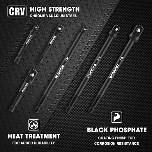 WORKPRO 6-Piece Socket Adapter Extension Set, 1/4, 3/8, 1/2-Inch Drive, 1/4-Inch Hex Shank, 2.6, 2.9 & 6 Inch Length, Impact Grade Extension Bit With Holder For Power Drill & Impact Driver