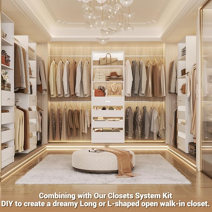 Aheaplus Closet System Set of 2, 4-9Ft Wood Closet Organizer with Drawers & Shelves, Closet Organizer System with 8 Hanging Rods, Walk-in Closets Organizer Wardrobe Closet Rack, White1