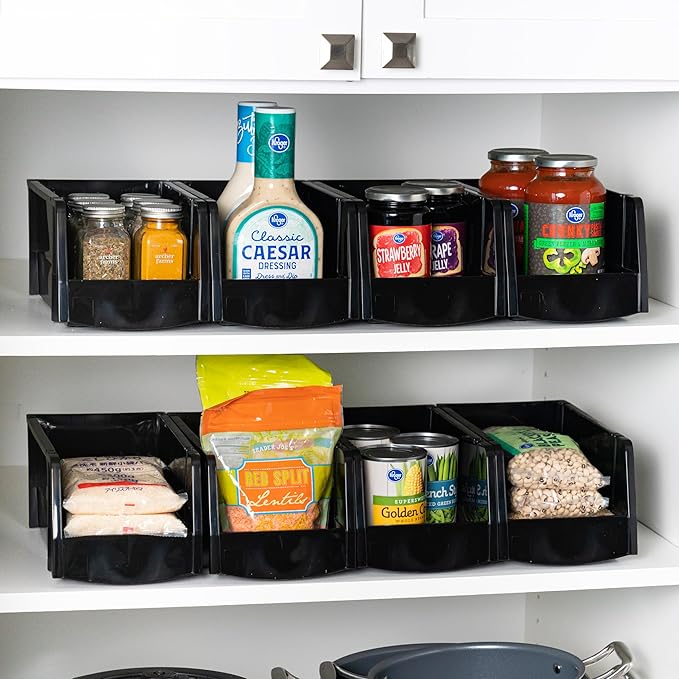 IRIS USA Medium Stackable Storage Bins, 8-Pack, 11"L x 6"W x 5"H, |Made in USA|, Plastic Open Front Shelf Bin for Organizing Parts, Hardware, Tools, Supplies, Garage Shelf, Pantry - Black