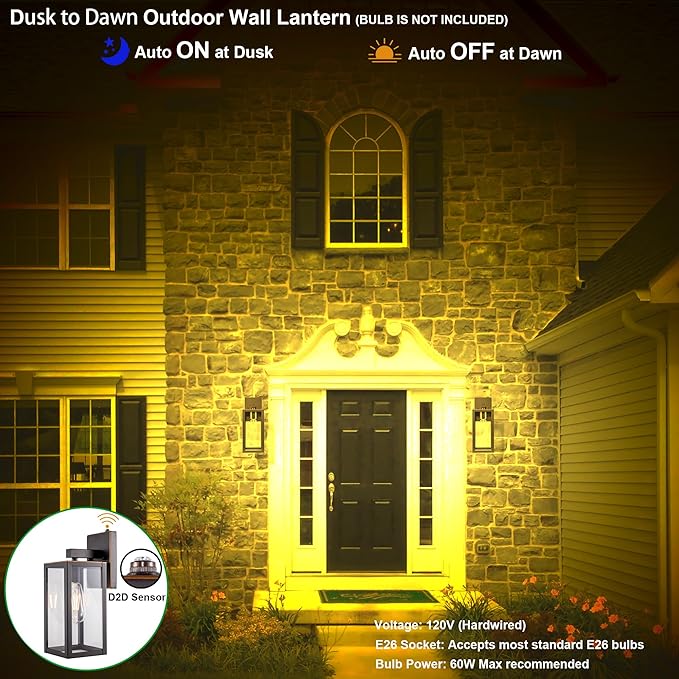 GRUENLICH Dusk to Dawn Large Outdoor Wall Lantern, Wall Sconce as Porch Lighting Fixture, E26 Base Max 60W, Metal Housing with Glass Shade (Oil Rubbed Bronze, 2-Pack)