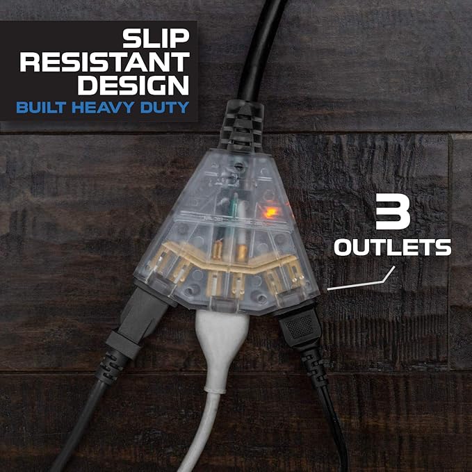 Iron Forge Cable 12 Gauge Extension Cord with Multiple Outlets - Black Heavy Duty Extension Cord 10 ft - 12/3 SJTOW, 3 Prong Lighted Outlet Cords