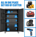 72" H Extra Wide and Deep Garage Storage Cabinet with Wheels & Pegboard, Large Locking Metal Storage Cabinet with 2 Doors and 4 Adjustable Shelves for Garage, Home, Black