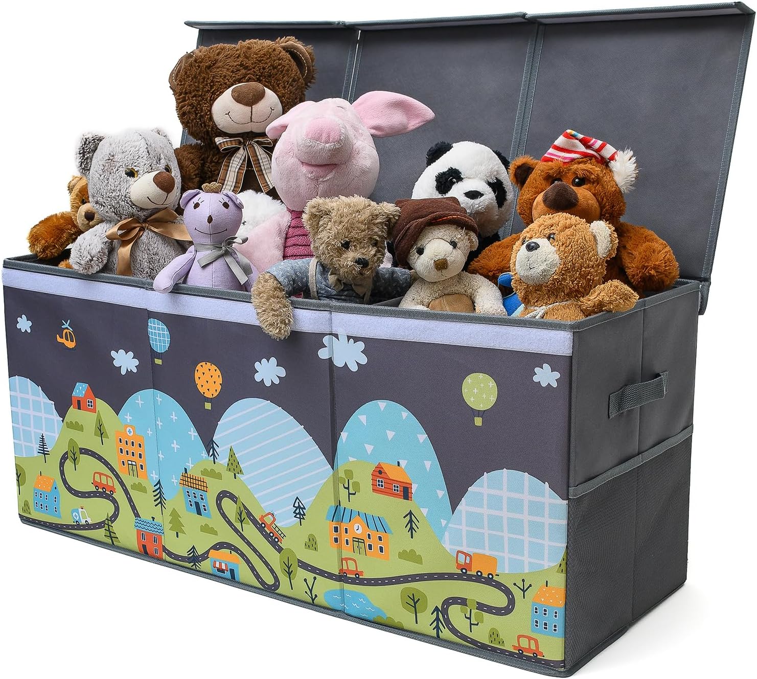 Extra Large Toy Storage Organizer with Lid - Sturdy, Collapsible Toy Chest Storage Box with Cute Design - Toys Bin with Dividers for Kids, Boys, Girls, Nursery, Bedroom, Play room 37"x16"x14"