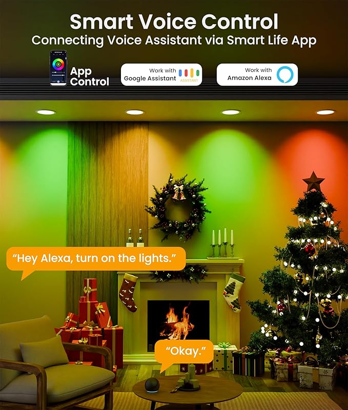 Recessed Lighting 6 Inch with App & Voice Control, 1200LM RGBCW Smart Ceiling Light Work with Alexa & Google, Dimmable LED Recessed Lighting 6 Inch with Timer Music Sync Can Lights, 4 Pack