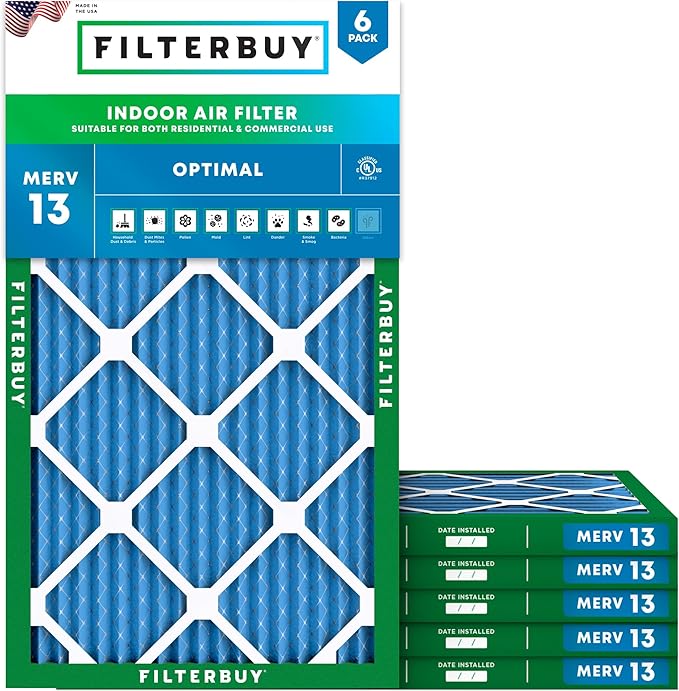 Filterbuy 17x25x1 Air Filter MERV 13 (MPR 1900) Health Defense Replacement (6-Pack), Electrostatic Pleated HVAC AC Furnace Filters, Made in USA (Actual Size: 16.50 x 24.50 x 0.75)