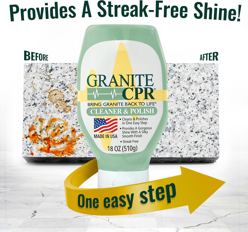 Granite CPR Cleaner & Polish Can Be Used Daily On Granite, Marble, Quartz & Corian. Leaves A Gorgeous Streak-Free Shine & Silky Smooth Finish. Cleans & Polishes All Stone Countertops In One Easy Step.