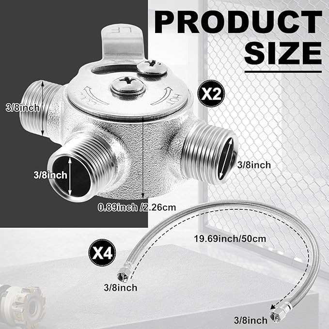 2 Pieces 3/8" Manual Mixing Valve Hot Cold Water Temperature Mixer Thermostatic Mixing Valve for Home and Bathroom Below Deck to Adjust Water Temperature, 4 Braided Faucet Connector Included
