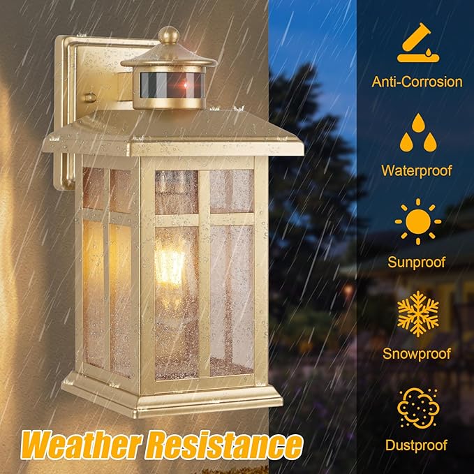 Outdoor Light Fixture Motion Sensor, Gold Waterproof Outside House Light, Modern Wall Lights, Outdoor Garage Light Dusk to Dawn Exterior Light Fixture for House, Garage, Garden