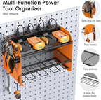 CCCEI Modular Power Tool Organizer Wall Mount with Charging Station. Garage 4 Drill Storage Shelf with Hooks, Drill Bit Heavy Duty Rack, Orange Tool Battery Holder Built in 8 Outlet Power Strip.