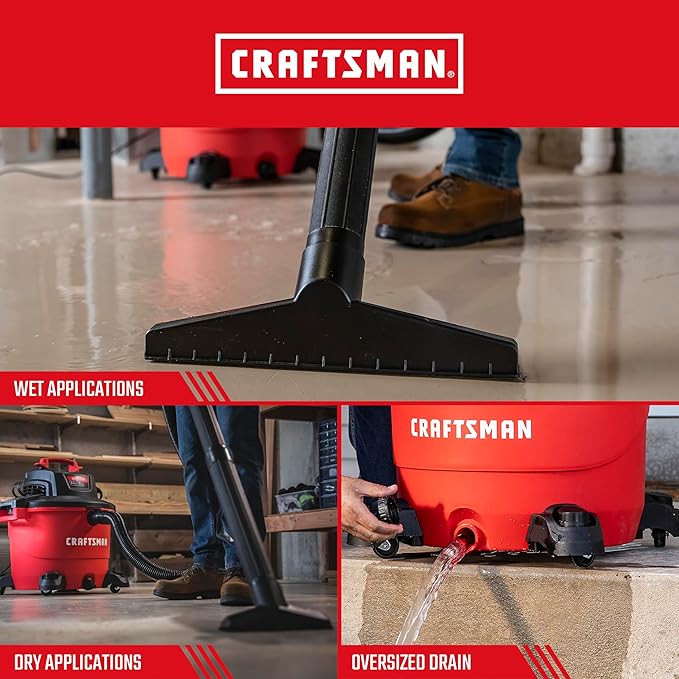 CRAFTSMAN CMXEVBE18695 16 Gallon 6.5 Peak HP Wet/Dry Shop Vac, Heavy-Duty Shop Vacuum Wet and Dry with Filter, Muffler/Diffuser, Dust Bag, Hose and Attachments for Home Projects & Renovations