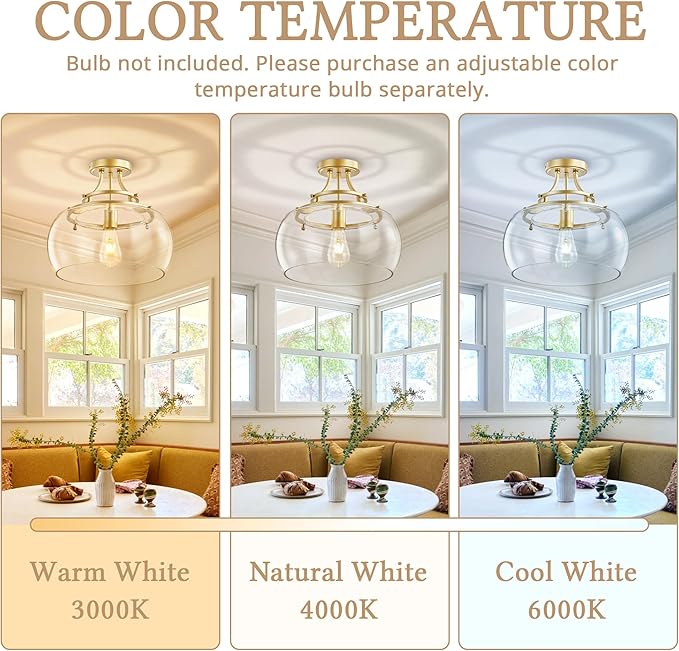 Industrial Round Chandelier Rustic Ceiling Light Fixture Farmhouse Pendant Light with Clear Glass Shade for Dining Room Hallway Entryway Kitchen Bedroom, Gold