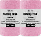 Microfiber Cleaning Cloth Roll -75 Pack - 2 Rolls, Tear Away Towels, 12" x 12", Reusable Cleaning Rags and Microfiber Towels for Cars, Garage and Household Supplies (Pink)