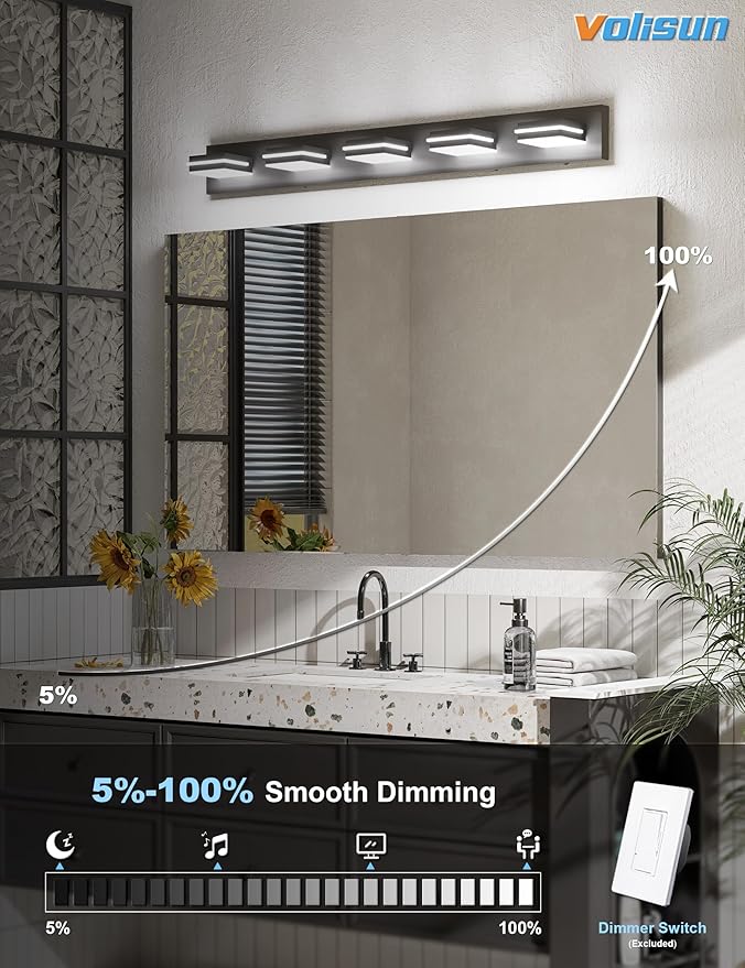 VOLISUN 5CCT Bathroom Light Fixtures Over Mirror, Dimmable, 360°Rotatable Head, 40 inch, 5 Light Bathroom Vanity Light Fixtures, Black LED Vanity Lights for Bathrooms-ETL Certificated