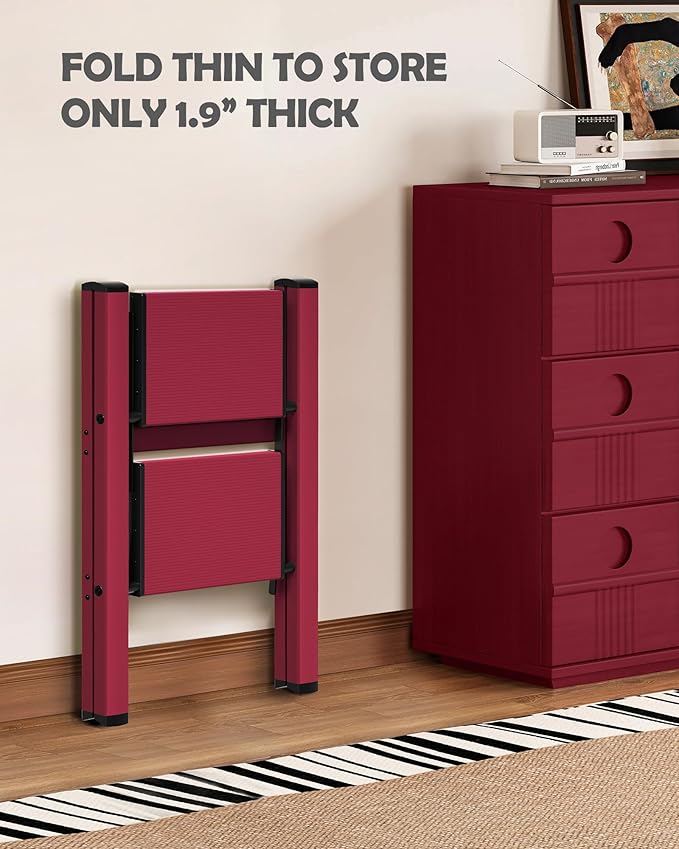 Taranta 2 Step Ladder,Aluminum Lightweight Folding 2 Step Stool with Anti-Slip Wide Pedal,330lbs Capacity Step Ladder for Household,Kitchen,Office - Red