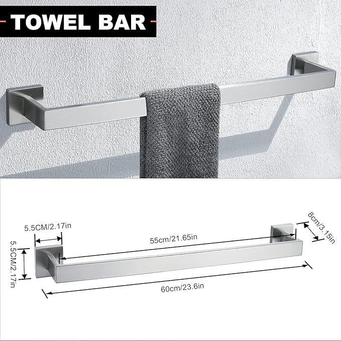 YACVCL 5-Piece Bathroom Hardware Accessories Set 23.6 inch Towel Bar Towel Rack Sets Modern Towel Ring Kit Stainless Steel Wall Mounted (Brushed Nickel)