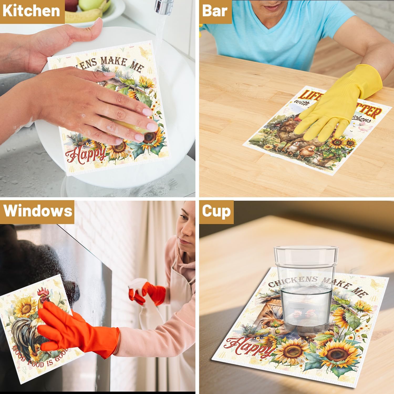 Swedish Dishcloths for Kitchen, 6 Pack Farm Reusable Paper Towels Housewarming Gifts for Women, Chicken Rooster Absorbent Dish Rags for Washing Dishes