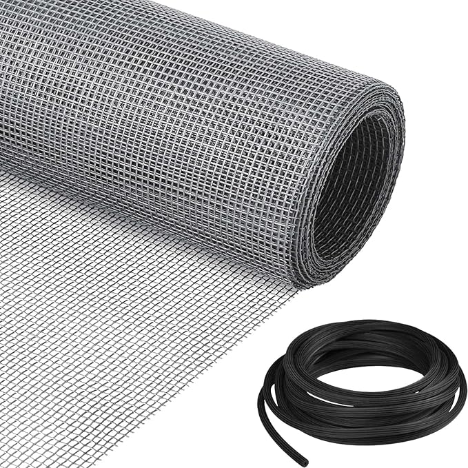 Window Screen Replacement Kit, 48"W × 99"L Durable Polyester Adjustable Screen Mesh with Retainer Spline (32ft) for DIY Project Window Screen Door Screen Replacement & Repair, Grey