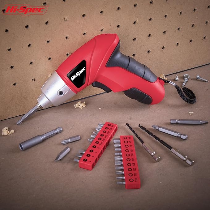 Hi-Spec 27pc 3.6V Red Small Power Electric Screwdriver Set. Cordless & Rechargeable with Driver Bit Set