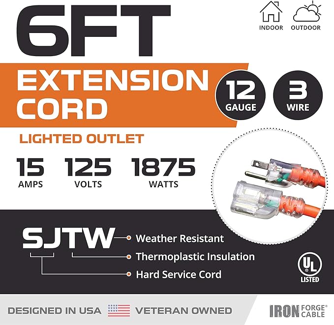 Iron Forge Cable 12 Gauge Extension Cord 6 ft, 12/3 SJTW 6 Foot Heavy Duty Extension Cord Outdoor 3 Prong, Weatherproof Orange Power Cable 15 Amp, Great for Major Appliances