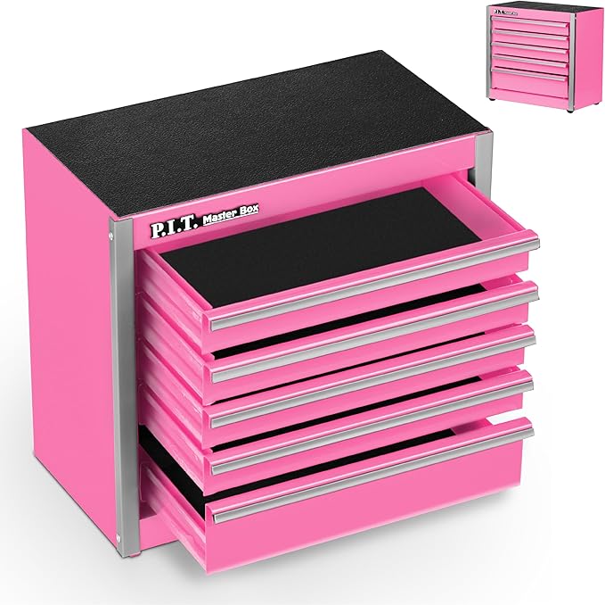 P.I.T. Mini Pink Tool Box, Portable 5-Drawer Micro Roll Cab Steel Tool Box with Liner, Pink Small Tool Case for Tools Storage, Home DIY