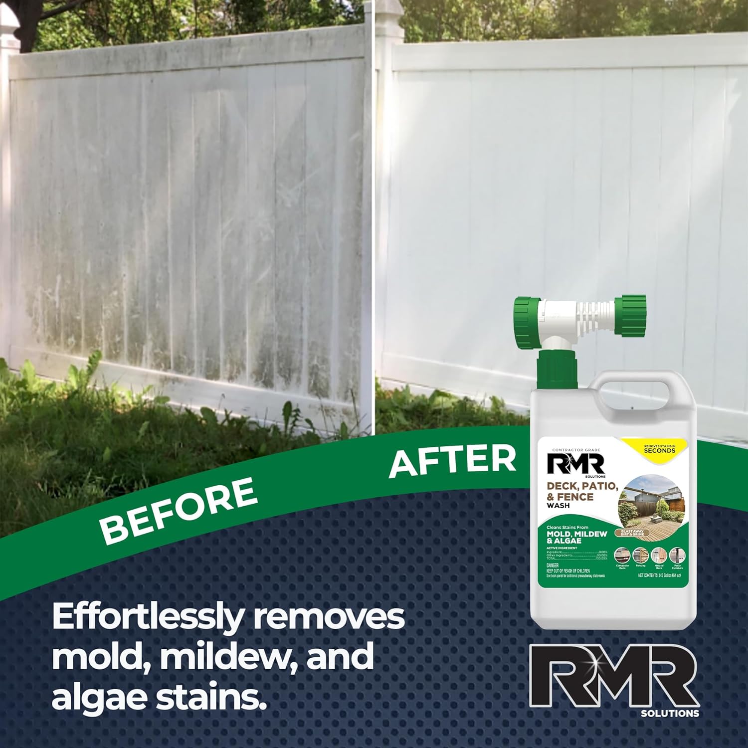 RMR Deck, Patio, & Fence Wash - Commercial-Grade Outdoor Stain Remover for Mold, Mildew, and Algae, 64 Ounce Bottle with Hose-End Adapter