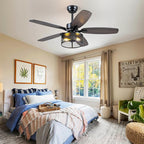 48" Black Farmhouse Ceiling Fan with Light and Remote, Industrial Cage Design, Rustic Flush Mount for Bedroom Living Room, E26 Base, DC Motor, 6-Speed Reversible with Timer, Dual Blades