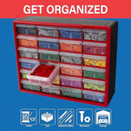 Akro-Mils 24-Drawer Plastic Drawer Storage Cabinet for Garage Organization, Bead Organizer, Building Bricks Storage, Teacher Toolbox, Makeup Organizer, 20" W x 6" D x 16" H, 10124 Red