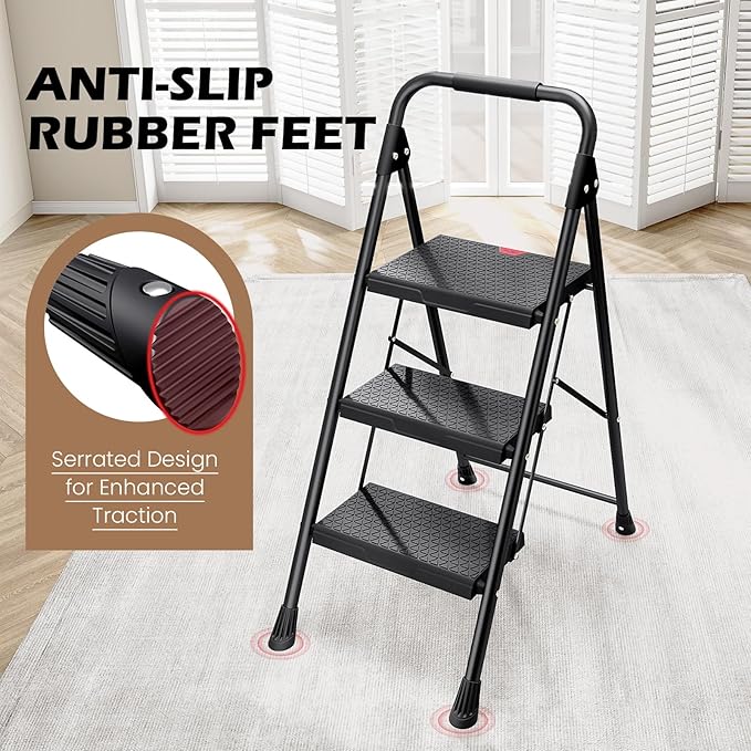 KINGRACK Step Ladder, Portable Folding Step Stool with Anti-Slip Wide Pedals, Heavy Sturdy Steel with Handrail, Safe-Lock Design, 800lbs Load Capacity, for Home and Kitchen, Black (3 Step Ladder)