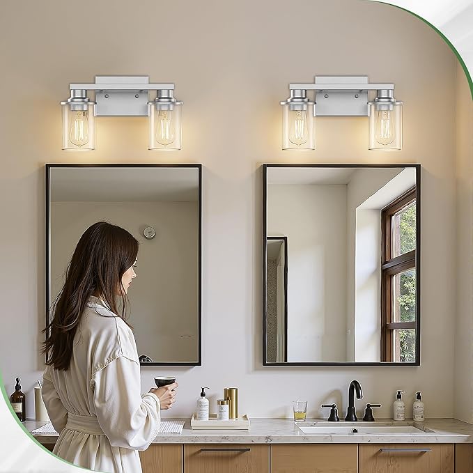 DORESshop Bathroom Light Fixtures, 2-Light Nickel Bathroom Lights Over Mirror with Clear Glass Shade, Vanity Lights for Living Room Bedroom, ETL Listed