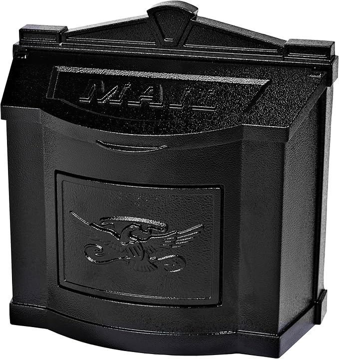 Gaines Wallmount Mailbox - Powder Coated Aluminum with Solid Brass Accents - Mounting Hardware Included (Black with Black Eagle)