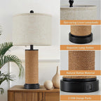 Set of 2 Rattan Table Lamps for Living Room with USB C+A Ports, 3 Color Temperature Nightstand Bedside Lamp Rocker Switch Coastal Lamps for Bedroom, Wicker Lamps for Living room (2 Bulbs Included)