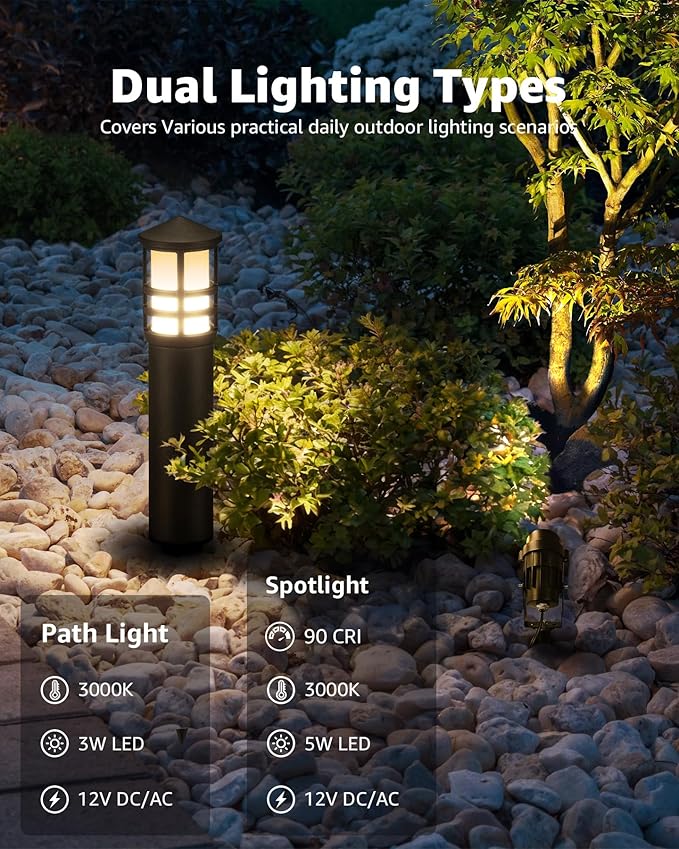 SUNVIE 12-Pack Low Voltage Landscape Lighting Kit LED Bollard Pathway Lights Wired with Spotlights for Garden, Path, Yard, Patio, Cast-Aluminum, IP65 Waterproof, 12-24V AC/DC, 3000K Warm White, Black
