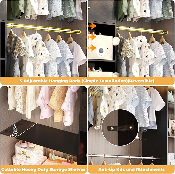 Closet System - 4.75-8FT Closet Organizer System with Wooden Drawers & Cube Storage Organizer, Up To 96" Closet Systems for Nursery & Walk-In Closets with Cuttable Hanging Shelving, Black