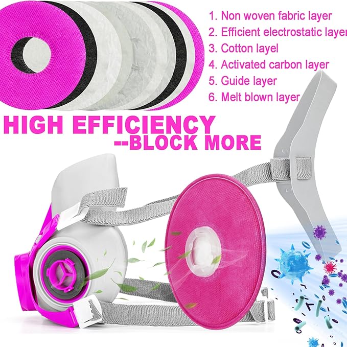 RANKSING Respirator Mask with Filters and Glasses to Against Dust Gases Fumes in Painting Spraying Sanding Orange/Pink