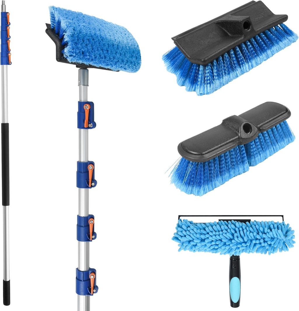 30 FT Exterior House Cleaning Brush Set with 6-24 Foot Telescoping Extension Pole, Soft Scrub Car Wash Brush, Medium Bristle Cleaning Brush and Window Squeegee & Washer