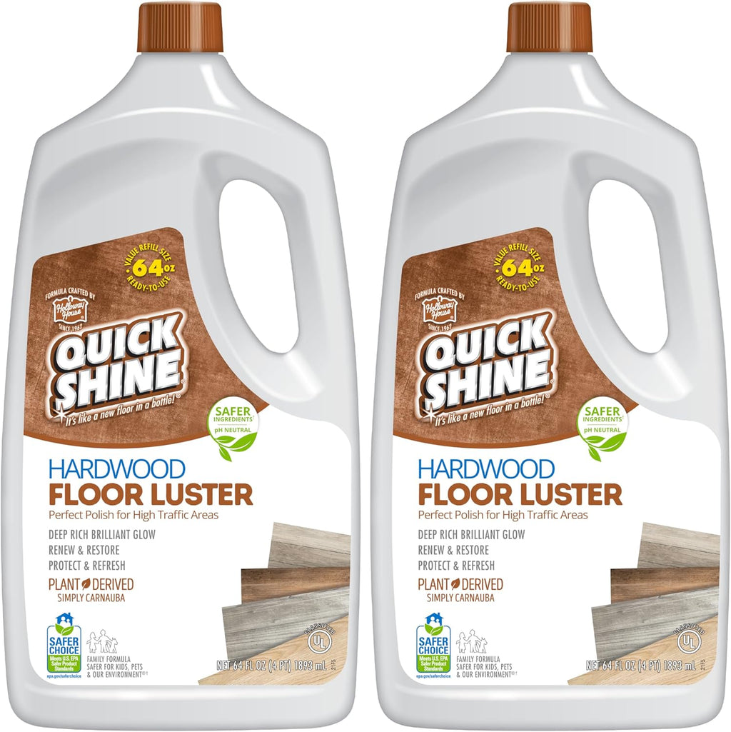 Quick Shine Hardwood Floor Luster-Polish 64oz-2pk Plant-Derived w/Carnauba Safer Choice, No PFAS, pH Neutral Ready to Use Formula w/Anti-Slip Technology Simply Squirt & Spread Made in USA