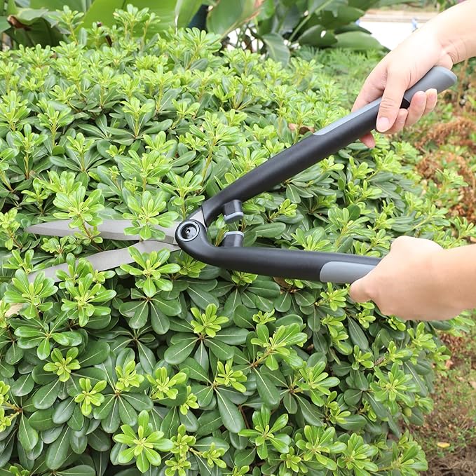 Garden Hedge Shears for Trimming and Shaping Shrubs with SK5 High Carbon Steel Non-Stick Blades, Shock-Absorbing Bumpers & Lightweight Handles