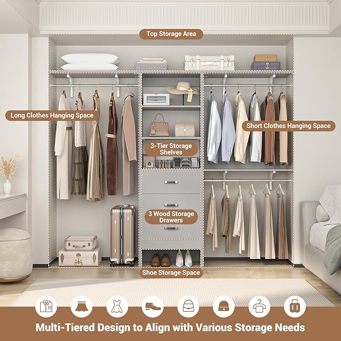 Closet System with Drawer - 8FT Wood Closet Organizer System with 3 Hanging Rods and Shelving Tower, 96" Walk In Closet Organizer Wardrobe, Heavy Duty Garment Rack Clothes Rack, Grey