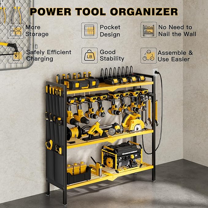 Large Power Tool Organizer Cart with Charging Station 8 Drill Holder Garage Storage Standing Heavy Duty and Stability Storage Rack Utility Tool Shelf (Yellow)