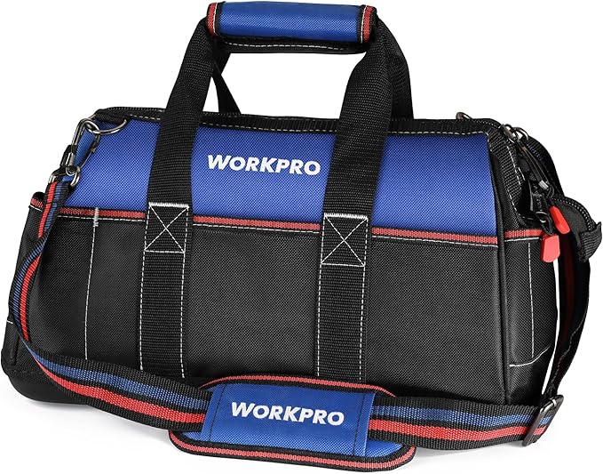 WORKPRO 16-inch Wide Mouth Tool Bag, Heavy Duty Cloth Tool Storage Bag with Water Proof Molded Base, Adjustable Shoulder Strap